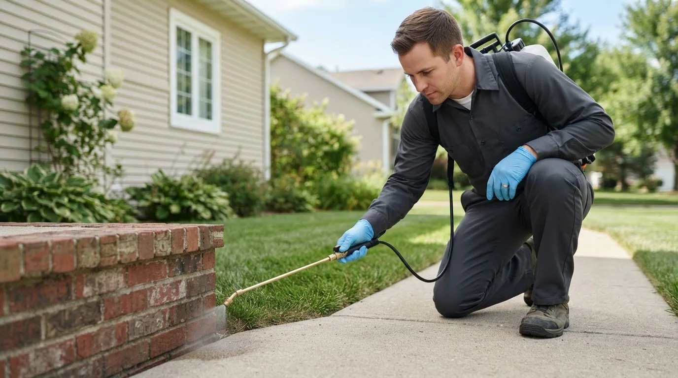 Pest control technician treating a home near Cedar Falls, IA