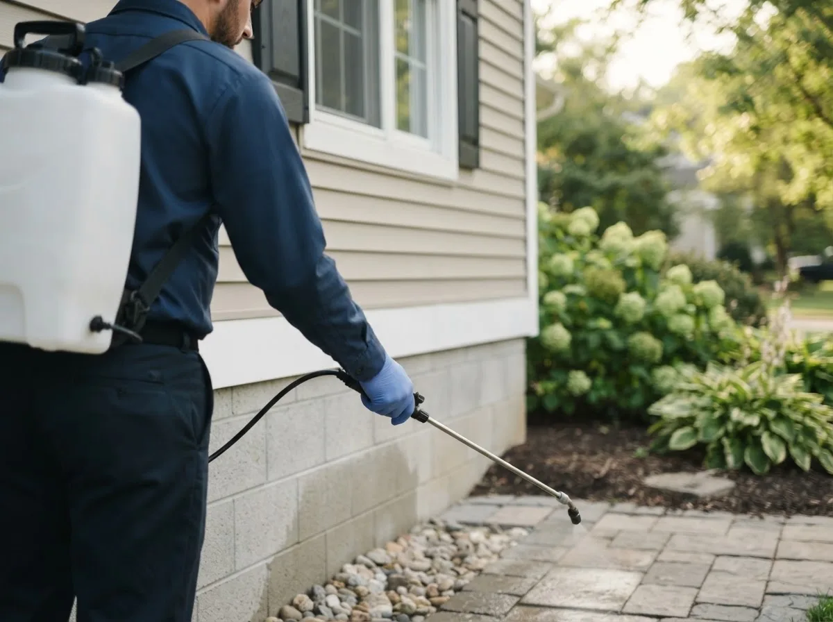 Pest control technician inspecting a home in Cedar Falls, IA
